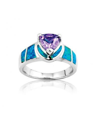 Sterling Silver Amethyst Triangle Blue Opal CZ Ring - W-9461 à prix réduit toute l'année