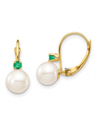 14K 7-7.5mm White Round FWC Pearl Emerald Leverback Earrings Livraison rapide