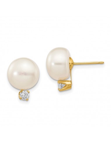 14k 10-11mm White Button FW Cultured Pearl .2ct Diamond Post Earrings Faites des économies