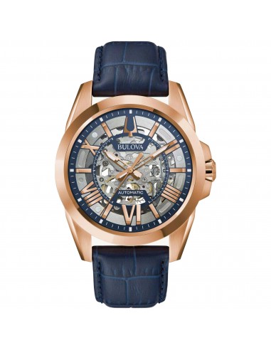 Bulova Men's Watch - Sutton Rose Gold Tone Case Blue Skeleton Dial Strap | 97A161 JUSQU'A -70%! 